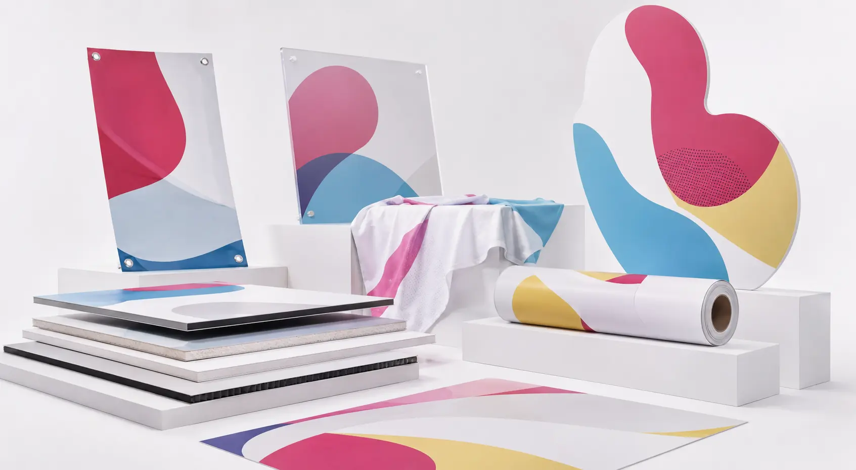 Panoramica di pannelli, banner e materiali stampati su fondo bianco