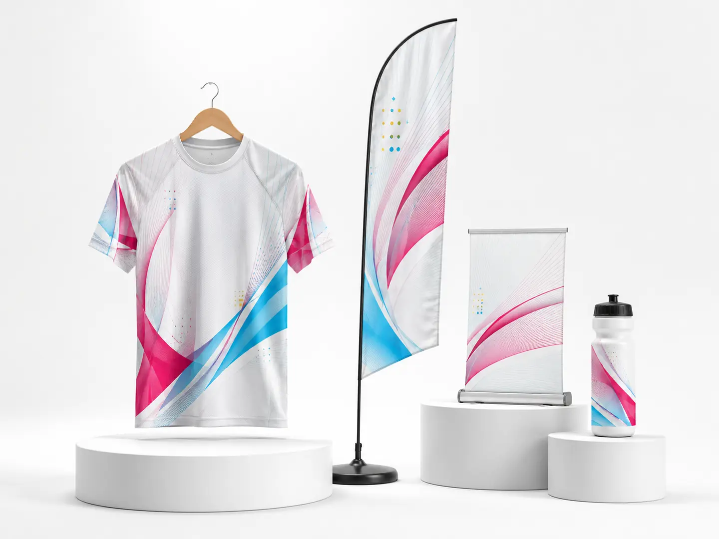 Kit coordinato con abbigliamento bandiere e materiali per una squadra sportiva