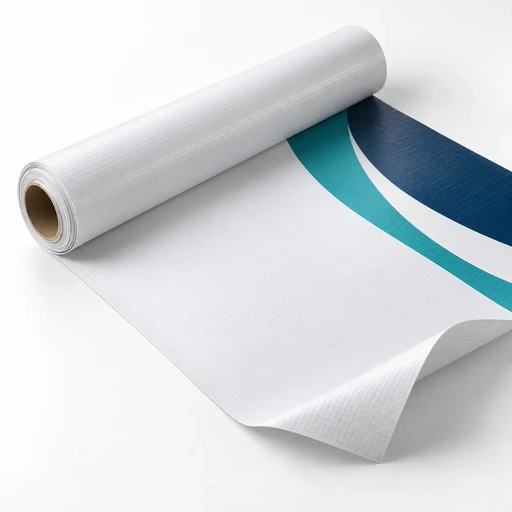 Rotolo di banner PVC 440 g con grafica blu e turchese e angolo ripiegato