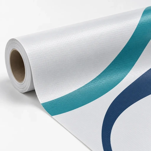 Dettaglio del banner PVC 510 g stampato con fasce blu e turchesi