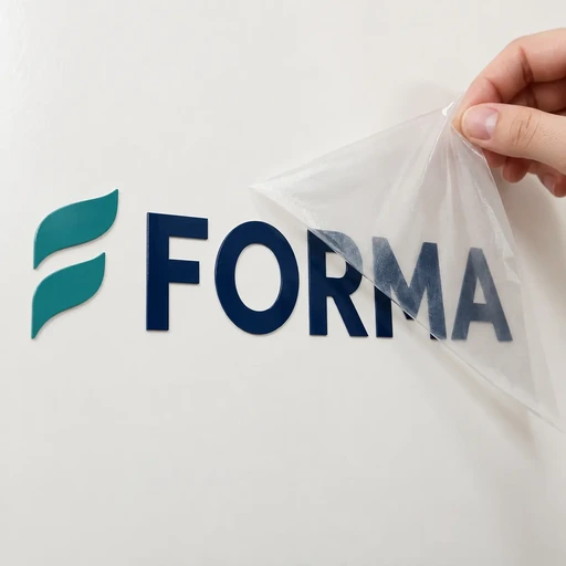Scritta adesiva prespaziata FORMA durante la rimozione della pellicola di trasferimento