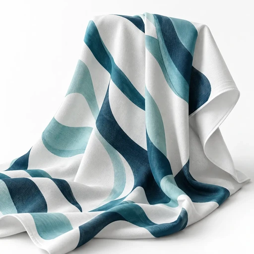 Tessuto bianco drappeggiato con stampa a curve blu e turchesi