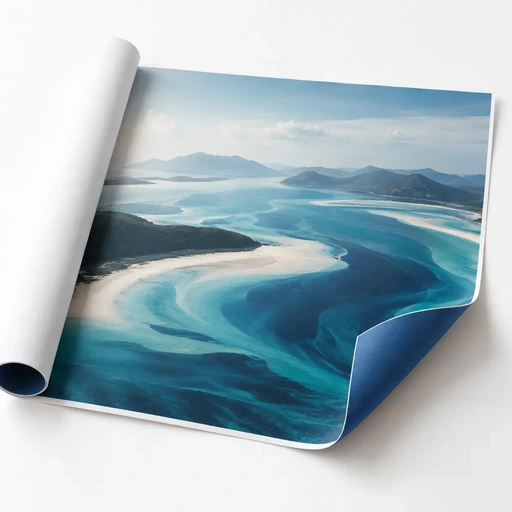 Carta Blueback con paesaggio marino stampato e retro blu visibile