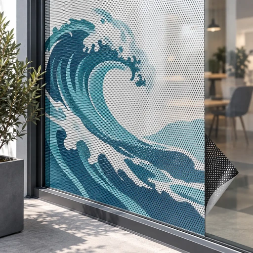 Adesivo One-Way Vision microforato con grafica applicata a una vetrina